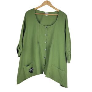 Indigo Artwear Cotton Green Tunic Top 3/4 Sleeve Boho Button Up Womens size XL